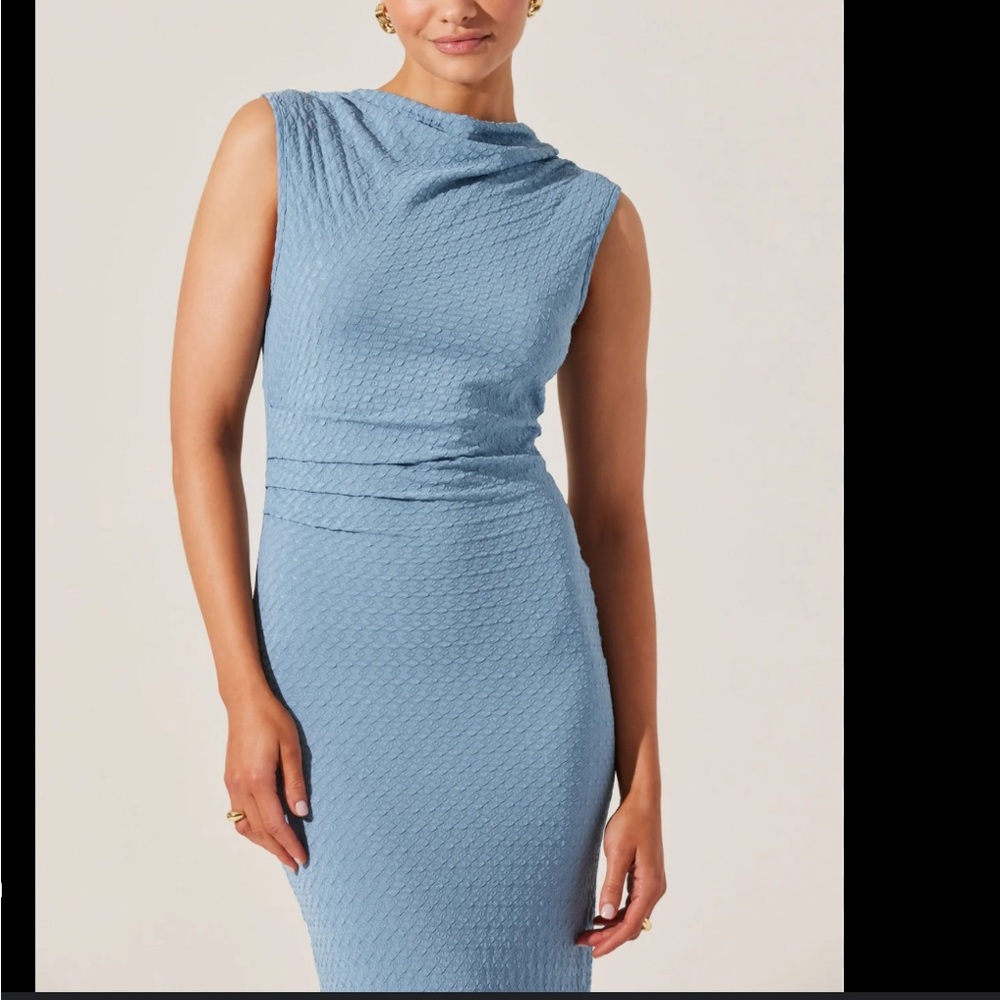 Textured Mock Neck Midi Dress - Blue